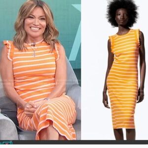 Zara XS Orange Pink Striped Ribbed Midi Dress Ruffle Sleeve Bodycon